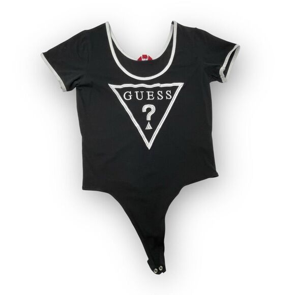 Guess Short Sleeve Scoop Neck Bodysuit Black White Women’s Size Large - Picture 1 of 14